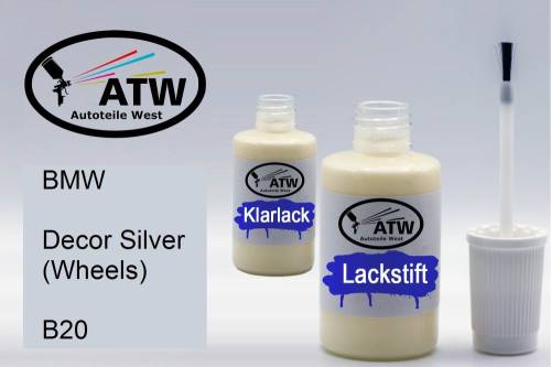 BMW, Decor Silver (Wheels), B20: 20ml Lackstift + 20ml Klarlack - Set, von ATW Autoteile West.